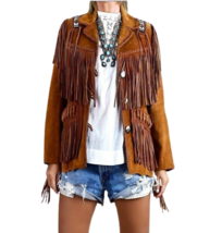 Women&#39;s American Leather Western Wear Cowgirl Coat Handmade Indian Beade... - $89.87+