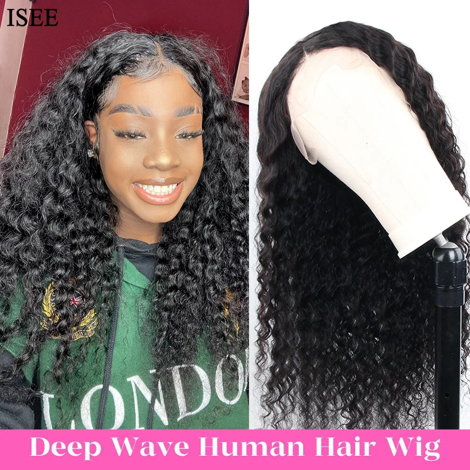 ISEE HAIR Wig Mongolian Deep Wave 4X4 Lace Closure Wigs For Women Human Hair - £101.60 GBP+