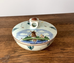 Vintage Delft Handpainted Lidded Candy Dish or Trinket Bowl Colorful Win... - $13.50