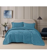 CARMEN ROUCHED STONE BLUE COLOR DECORATIVE BEDSPREAD QUILTED SET 3PCS KING SIZE - $64.34