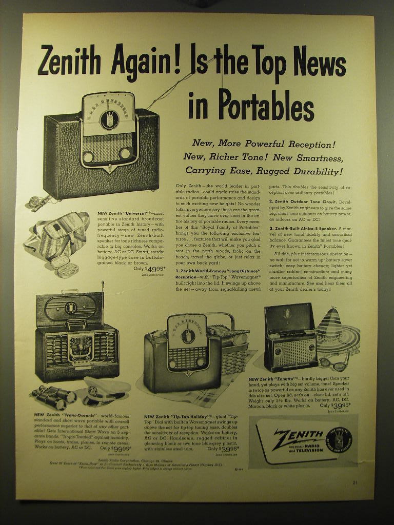 1950 Zenith Radio Ad - Universal, Trans-Oceanic, Tip-Top holiday and Zenette - $18.49