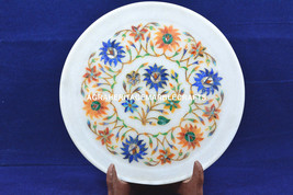 8&quot; White Marble Serving Plate Hakik Lapis Floral Arts Kitchen Decor H5458 - $175.44