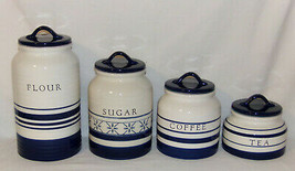 Blue Stripe 4pc Canister Set Cobalt Blue Porcelain Jars Flour Sugar Coffee Tea - £98.16 GBP