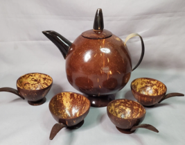 Coconut Shell Tea of Coffee Set Pot &amp; 4 Cups Horn Handle Vintage Handmade Boho - £19.74 GBP