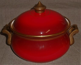 1970s Vintage ASTA Wide RED ENAMELED 2 QT Pot w/Lid BRASS HANDLES West G... - £102.74 GBP