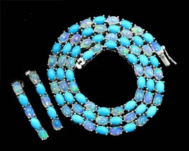 40Ct Oval Cut Lab-Created Turquoise &amp; Fire Opal Necklace &amp; Earrings in 925 Sil - £219.22 GBP