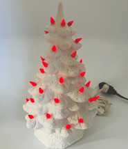 Ceramic Christmas Tree White Lighted 11&quot; x 6&quot; Tabletop Red Lights Vintage 1973 - £69.59 GBP