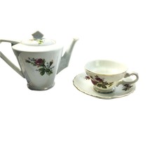 Vintage 4&quot; Teapot Cup And Saucer Pink Roses Purple Filler Gold Trim Unbranded - £34.32 GBP