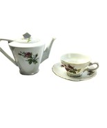 Vintage 4&quot; Teapot Cup And Saucer Pink Roses Purple Filler Gold Trim Unbr... - £33.66 GBP