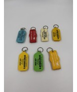 Lot of 7 Vintage Plastic Advertisement Bottle Opener Keyrings Some Stained - $17.68