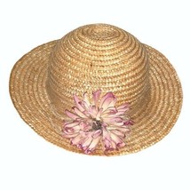Tan Wide Brim Woven Spring Easter Summer Girl&#39;s Beach Sun Hat Pink Fower Accent - £18.14 GBP