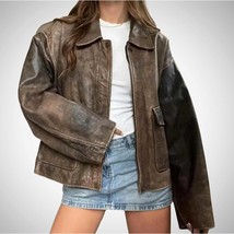 Vintage Distressed Brown Cowhide Leather Jacket: 90s Grunge Outerwear - $194.95