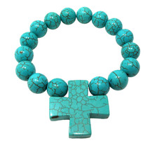 Beautiful Cross in Blue Turquoise Round Beaded Bracelet - £13.27 GBP