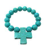 Beautiful Cross in Blue Turquoise Round Beaded Bracelet - £13.50 GBP
