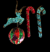 Sequin Christmas Ornaments Set Lot 4 Reindeer Candy Canes &amp; Ball Vintage... - £28.62 GBP