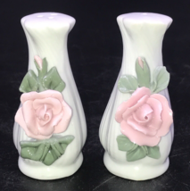 Vintage Porcelain Pink Rose Floral Salt &amp; Pepper Shakers 3&quot; Tall - £7.60 GBP
