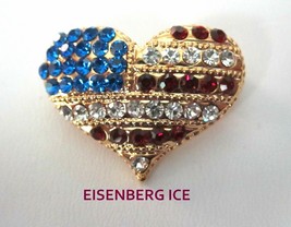 Eisenberg Ice Heart Pin Patriotic Flag Pattern Red, White and Blue Rhinestone - £20.05 GBP