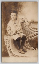 RPPC Cute Little Boy with Walking Stick on Ornate Chair Real Photo Postcard I21 - £4.44 GBP