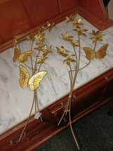 Set Of 2 Gold Tone Brass Butterfly &amp; Flowers  Wall Hanging Homco Home In... - $368.88 MXN