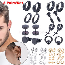 8 Pcs Casual Wear Stainless Steel Dangle Hinged Hook Stud Earring Set Men Women - £11.00 GBP