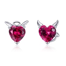 BAMOER Fashion 925 Sterling Silver Angel And Devil Pink CZ Heart Stud Earrings f - £14.52 GBP
