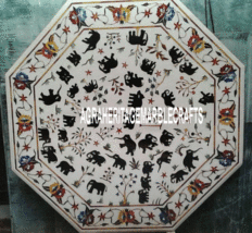 White Marble Dining Marquetry Table Top Elephant Art Inlay Furniture Decor H3200 - £2,117.51 GBP+
