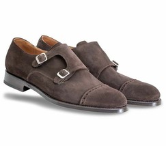 Monks Brown Color Double Buckle Strap Rounded Derby Cap Toe Suede Leathe... - $149.99+