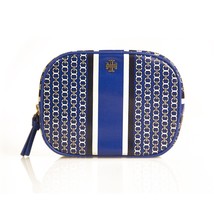 Tory Burch Blue White Chain Pattern Canvas Zipper Clutch Handbag Toiletr... - $84.15