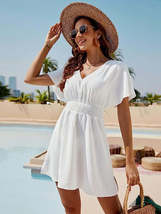 Smocked V-Neck Short Sleeve Dress - $25.00