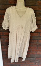 Beige Swiss Dot Chiffon Dress Small Lined Flowy Short Sleeve Baby Doll V... - $9.50
