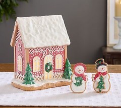 3-Piece Resin Lit Gingerbread House with Figures by Valerie in Snowman - £155.06 GBP
