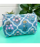 Cotton Quilted Makeup Cosmetic Bag Blue Wildflowers - $28.71