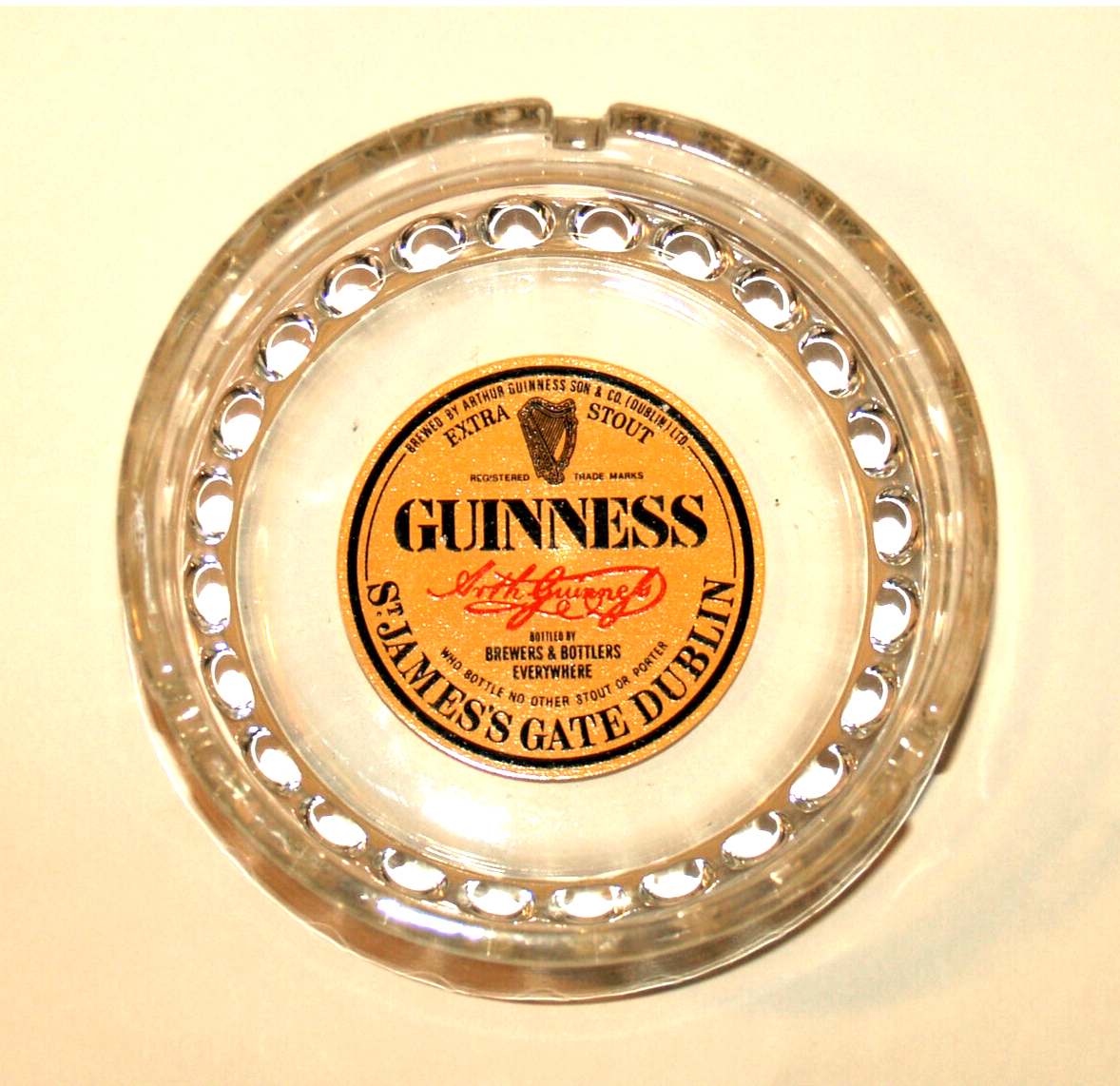 Primary image for GUINNESS St. JAMES'S GATE DUBLIN Painted Label Glass Ashtray REIMS FRANCE