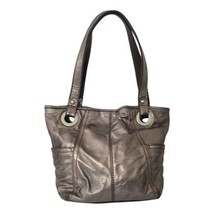 Fossil Long Live Vintage Shoulder Bag Leather Tote Metallic Pewter Purse Handbag - £43.78 GBP