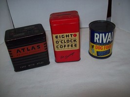 3 Vtg advertising tin coin bank Atlas Battery Eight OClock Coffee Rival ... - $24.74