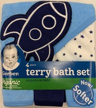 Gerber 4-Piece Terry Bath Set, Hooded Towel and (3) Washcloths, Blue Rocket - £10.35 GBP