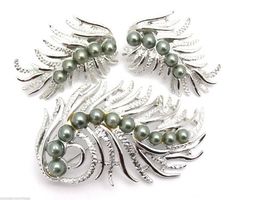 Vtg 50s 60s Sarah Coventry Feather Fantasy Brooch Earrings Silver Tone Set - $44.50