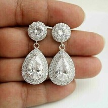 14K White Gold Plated Silver 2.30Ct Pear Simulated Halo Drop/Dangle Earrings - £75.15 GBP