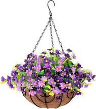 Inqcmy Artificial Hanging Flowers In Basket For Outdoors Summer, Purple - £26.20 GBP