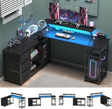Black L Shaped Desk With 3 Drawers, Computer Desk With Power Outlet And Monitor  - £218.41 GBP