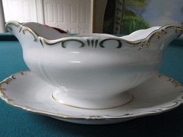 Zsolnay Hungary Gravy Boat With Attached Underplate WHITE/GOLD Accents 1960s - £96.91 GBP