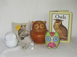 Mixed Lot 7 Vtg Owl Collectible Figurine Balsam Pillow Rattan Thimble Ca... - $59.39