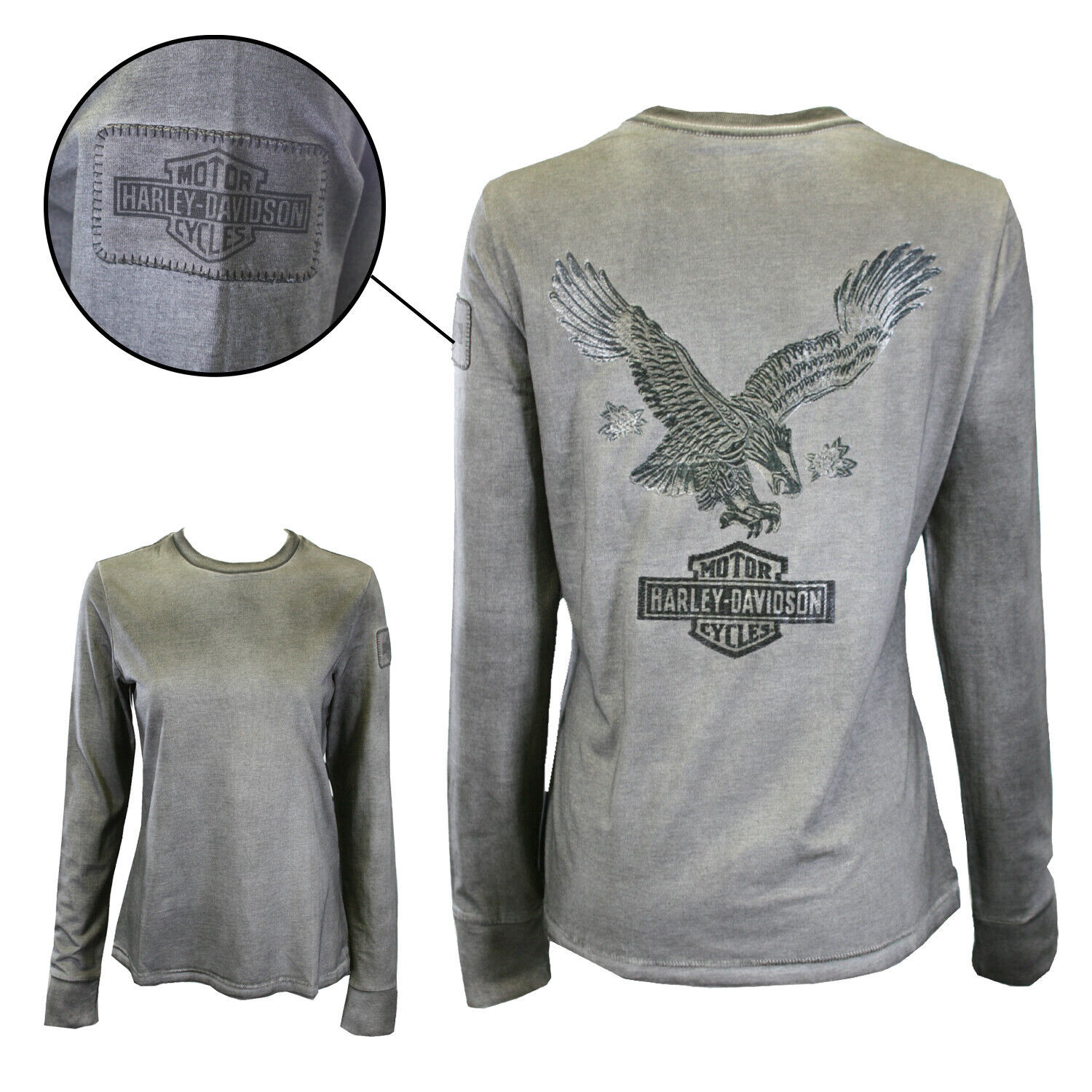 Harley-Davidson Women's T-Shirt Grey Eagle Logo Back Long Sleeve Tee (S43)