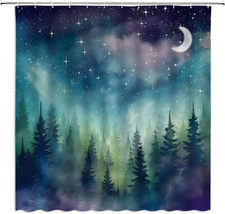 Forest Moon Shower Curtain Watercolor Misty Forest Fantasy Starry Sky Galaxy Nat - £24.97 GBP