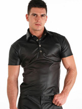Men&#39;s Tight Polo Top Shirt in Black Lambskin Leather Look Short sleeves - $101.79