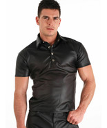 Men&#39;s Tight Polo Top Shirt in Black Lambskin Leather Look Short sleeves - $165.46 CAD