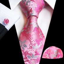 Pink Floral Necktie Set with Handkerchief and Cufflinks - £15.62 GBP