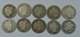 10 different  Barber well circulated silver dimes no duplicate dates/mint marks - £21.50 GBP