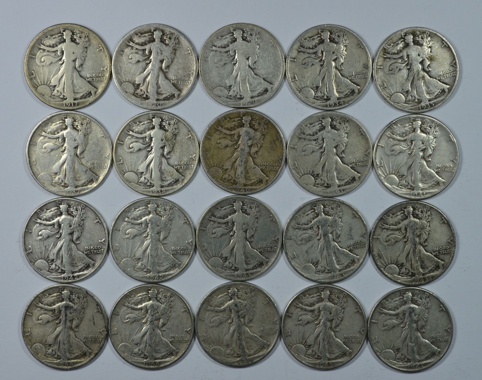20 Different Walking Liberty circulated silver half dollars  - $250.00