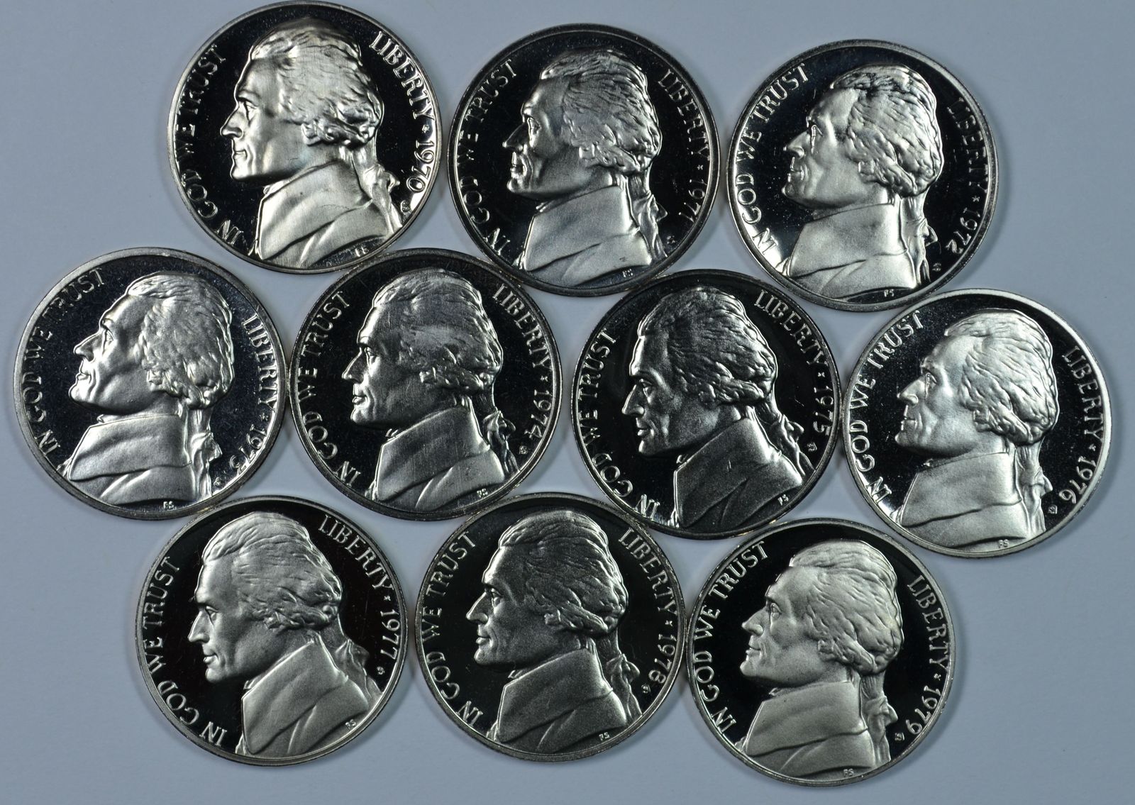 1970 - 1979 S Jefferson Proof nickel set - $15.00